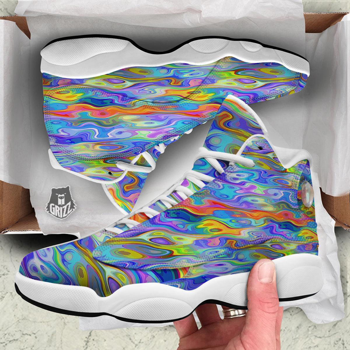 Colorful Tie Dye Wavy Hippie Print White Basketball Shoes-grizzshop