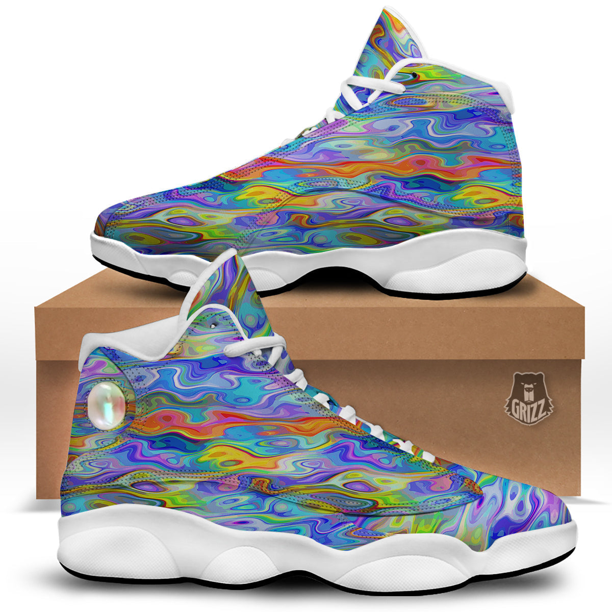 Colorful Tie Dye Wavy Hippie Print White Basketball Shoes-grizzshop
