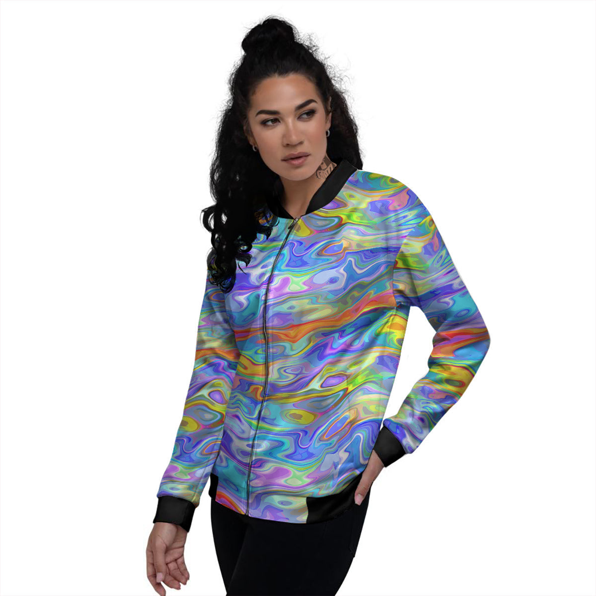 Colorful Tie Dye Wavy Hippie Print Women's Bomber Jacket-grizzshop