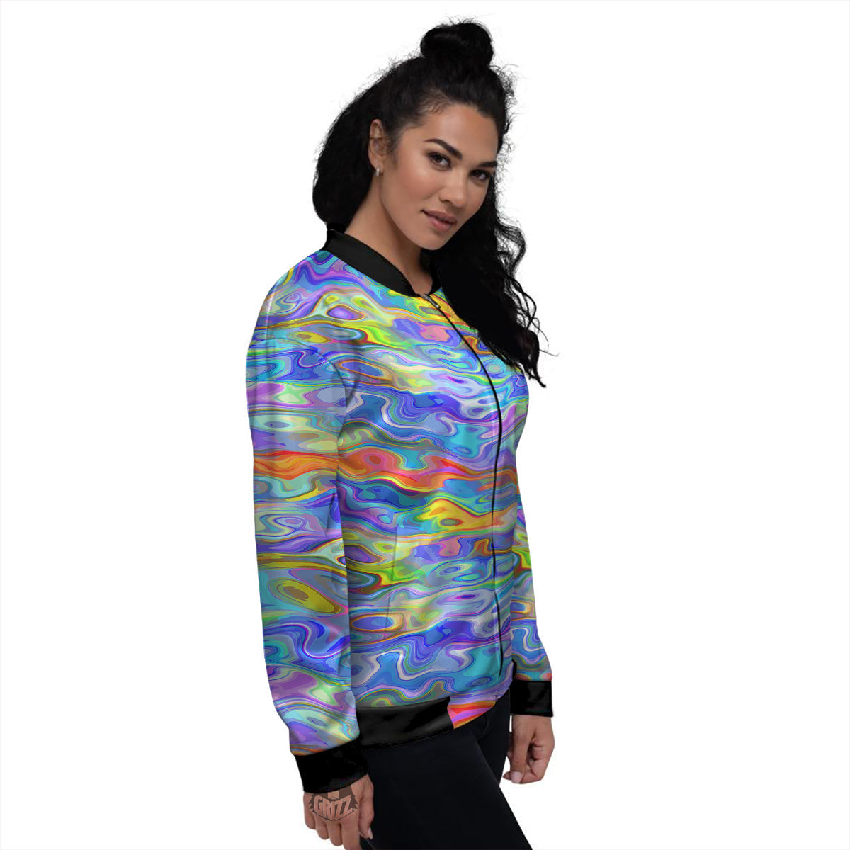 Colorful Tie Dye Wavy Hippie Print Women's Bomber Jacket-grizzshop