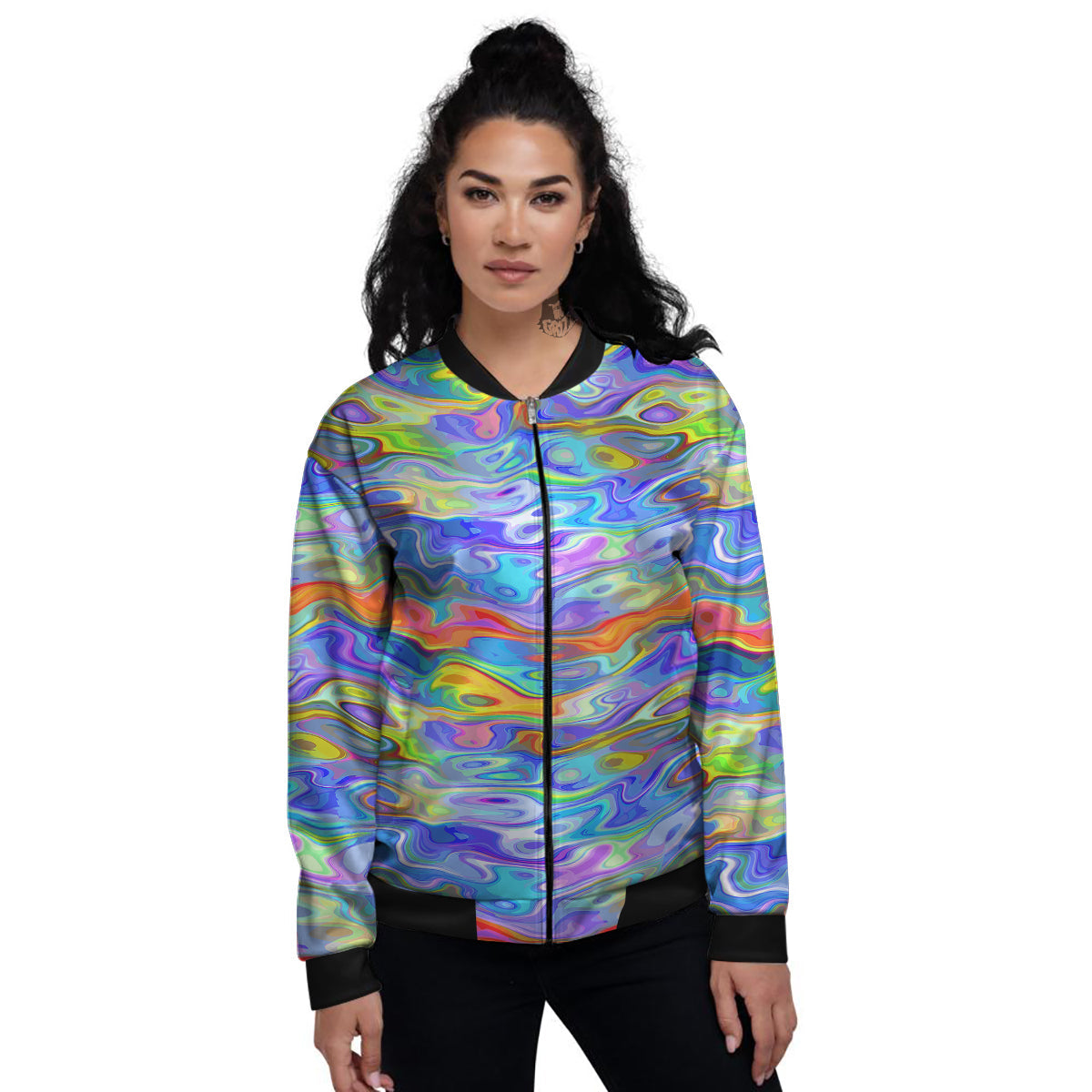 Colorful Tie Dye Wavy Hippie Print Women's Bomber Jacket-grizzshop