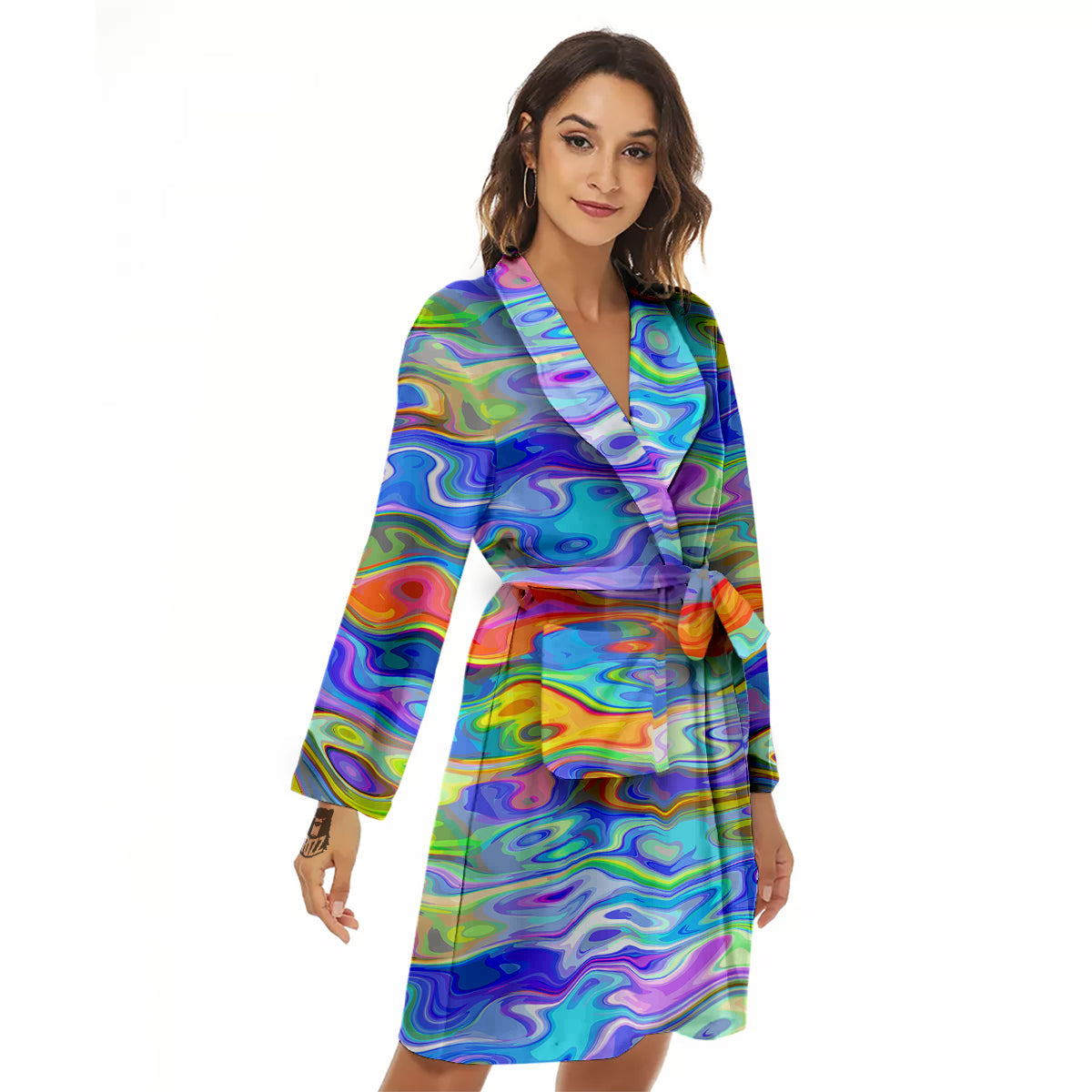Colorful Tie Dye Wavy Hippie Print Women's Robe-grizzshop