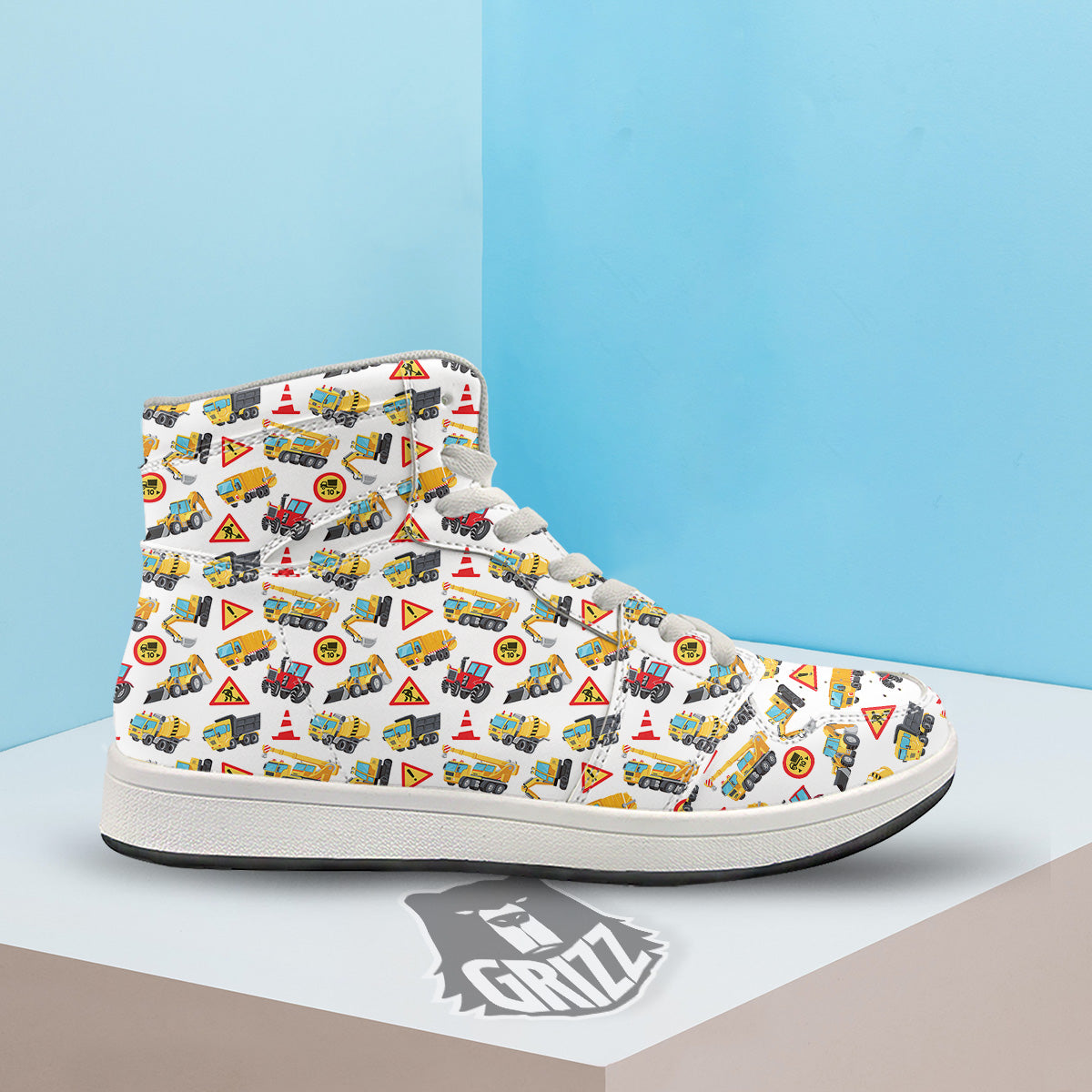 Colorful Toy Trucks And Tractor Print Pattern High Top Sneakers-grizzshop