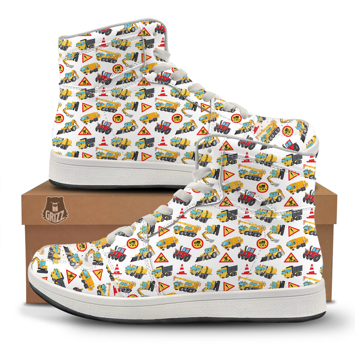Colorful Toy Trucks And Tractor Print Pattern High Top Sneakers-grizzshop