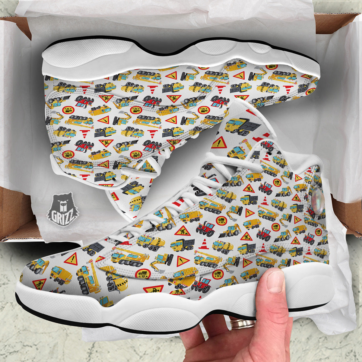 Colorful Toy Trucks And Tractor Print Pattern White Basketball Shoes-grizzshop
