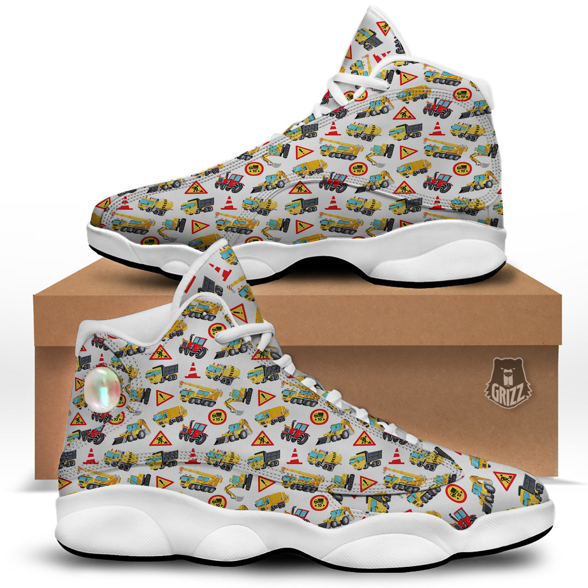 Colorful Toy Trucks And Tractor Print Pattern White Basketball Shoes-grizzshop