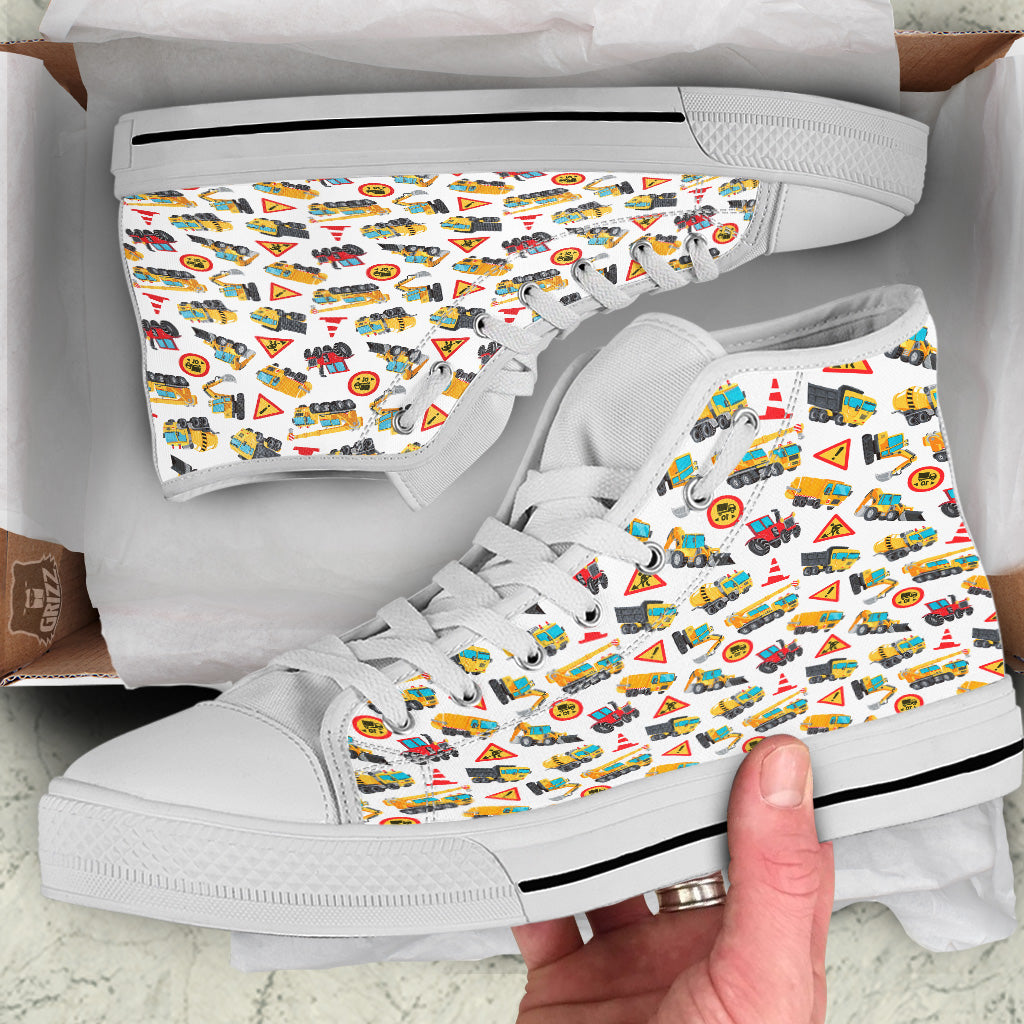 Colorful Toy Trucks And Tractor Print Pattern White High Top Shoes-grizzshop