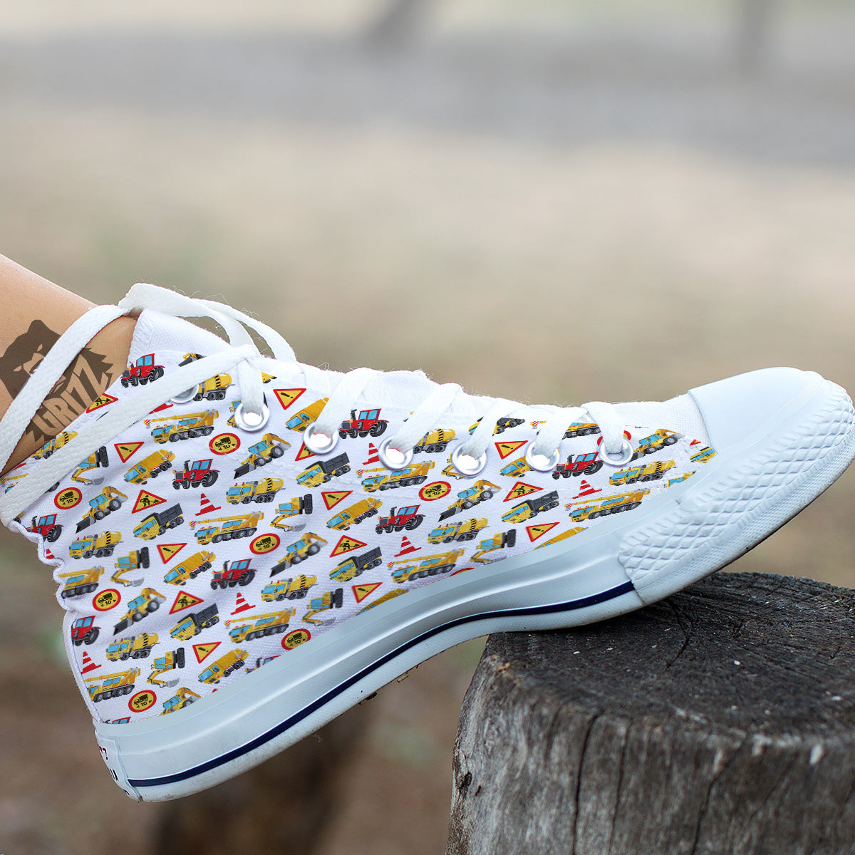 Colorful Toy Trucks And Tractor Print Pattern White High Top Shoes-grizzshop