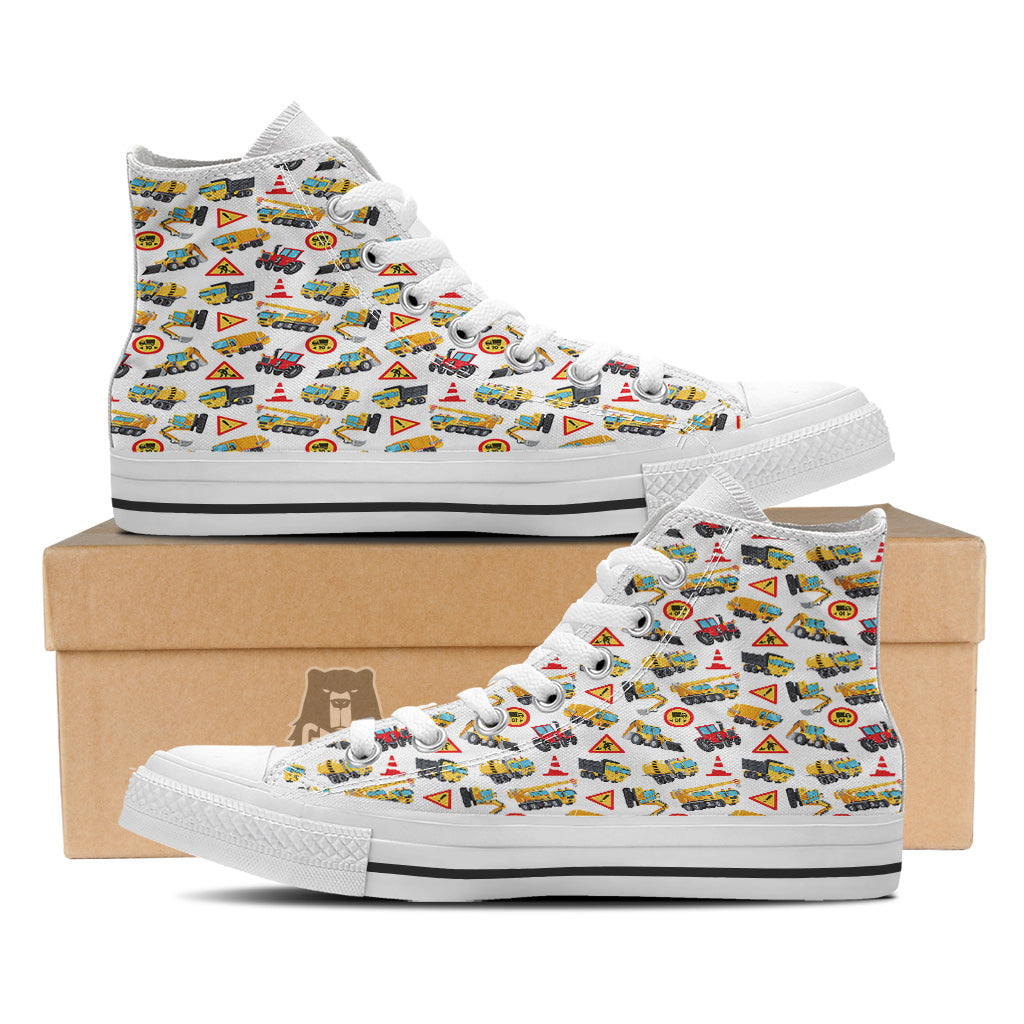 Colorful Toy Trucks And Tractor Print Pattern White High Top Shoes-grizzshop