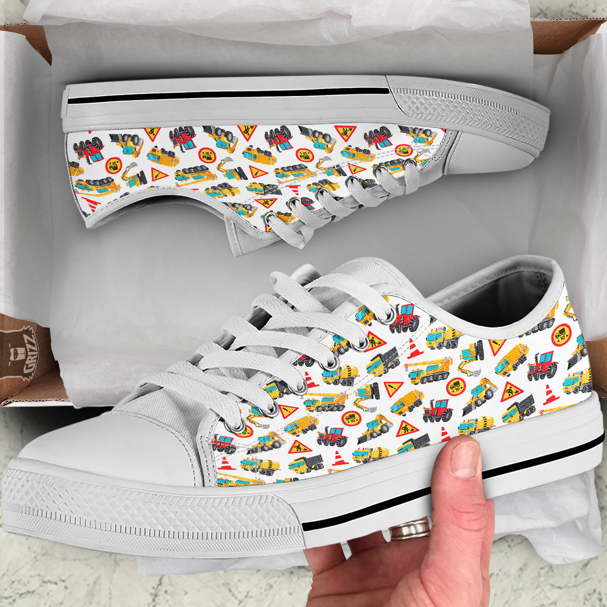 Colorful Toy Trucks And Tractor Print Pattern White Low Top Shoes-grizzshop
