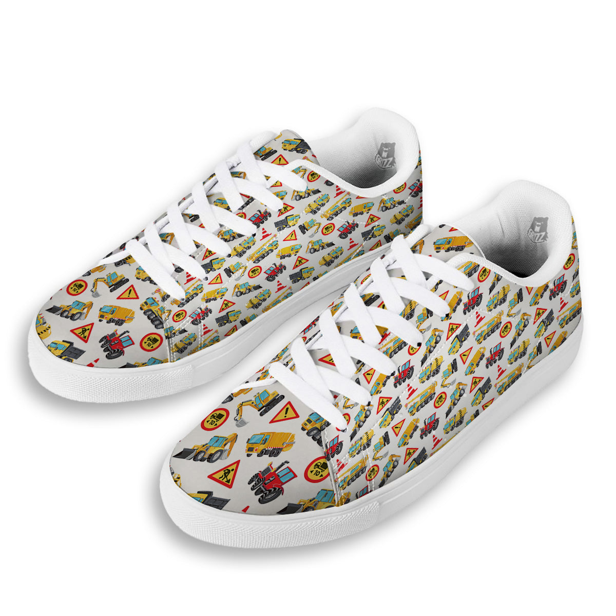 Colorful Toy Trucks And Tractor Print Pattern White Low Top Sneakers-grizzshop