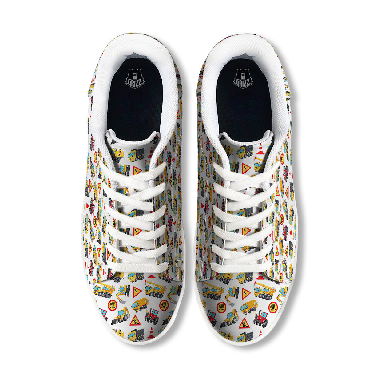 Colorful Toy Trucks And Tractor Print Pattern White Low Top Sneakers-grizzshop
