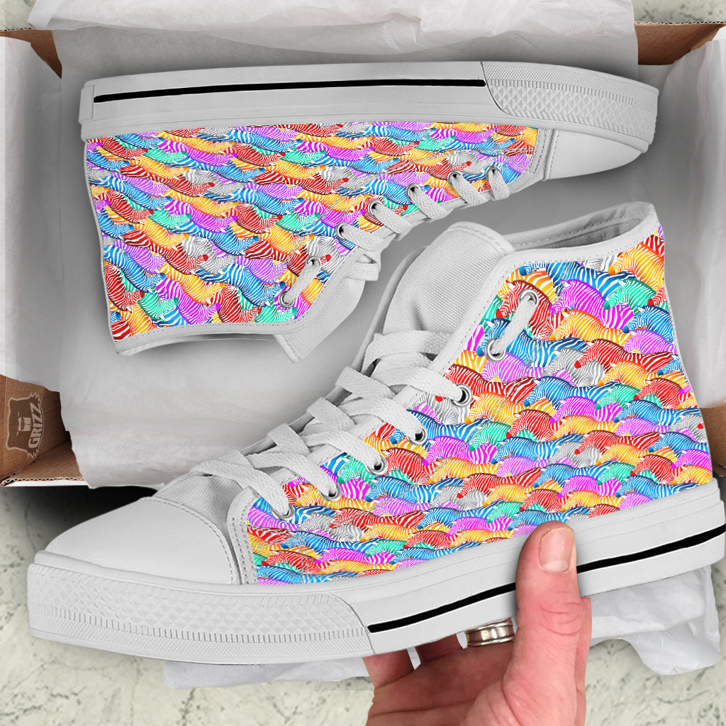 Colorful Zebra Print Pattern White High Top Shoes-grizzshop