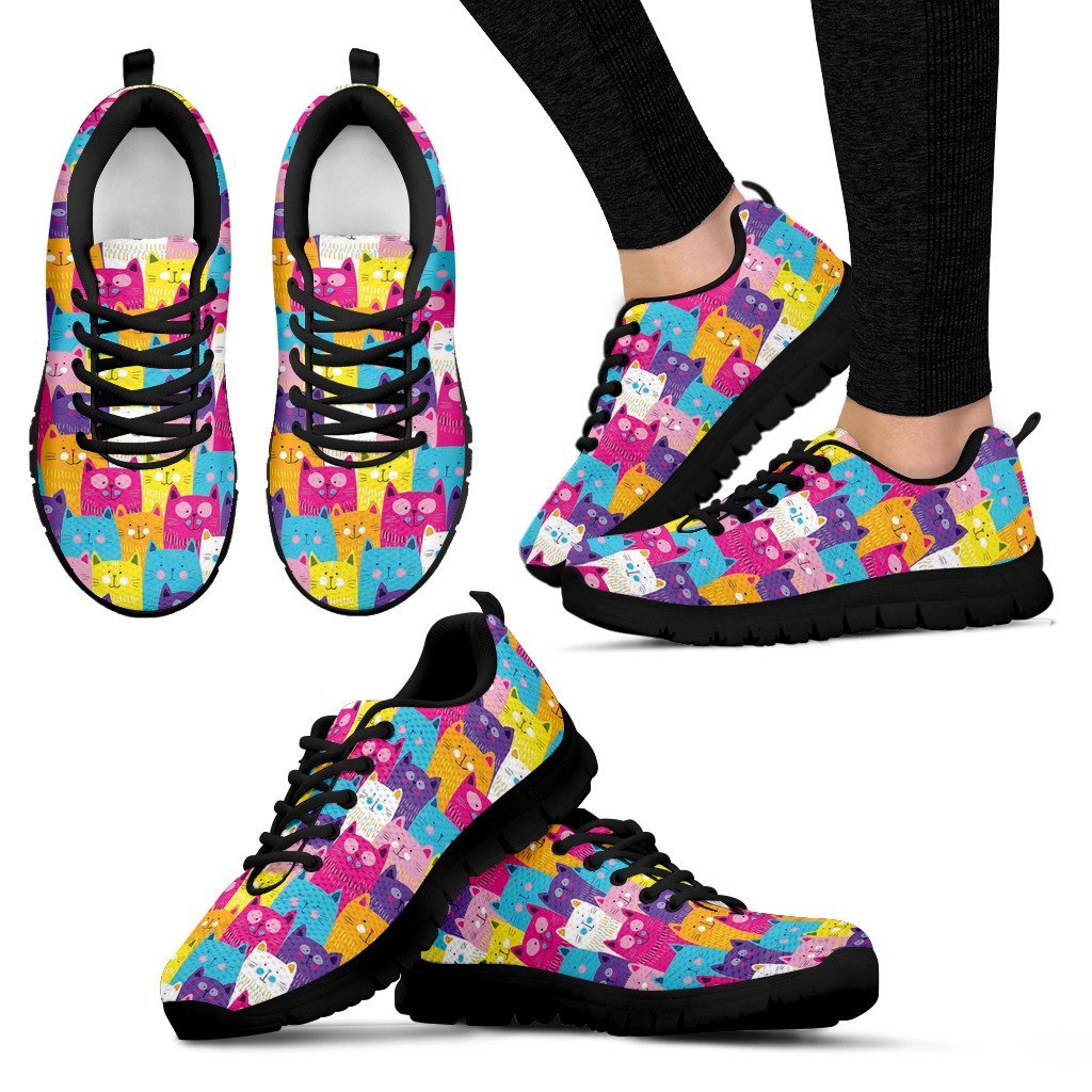 Colorful Kitten Cat Pattern Print Black Sneaker Shoes For Men Women-grizzshop