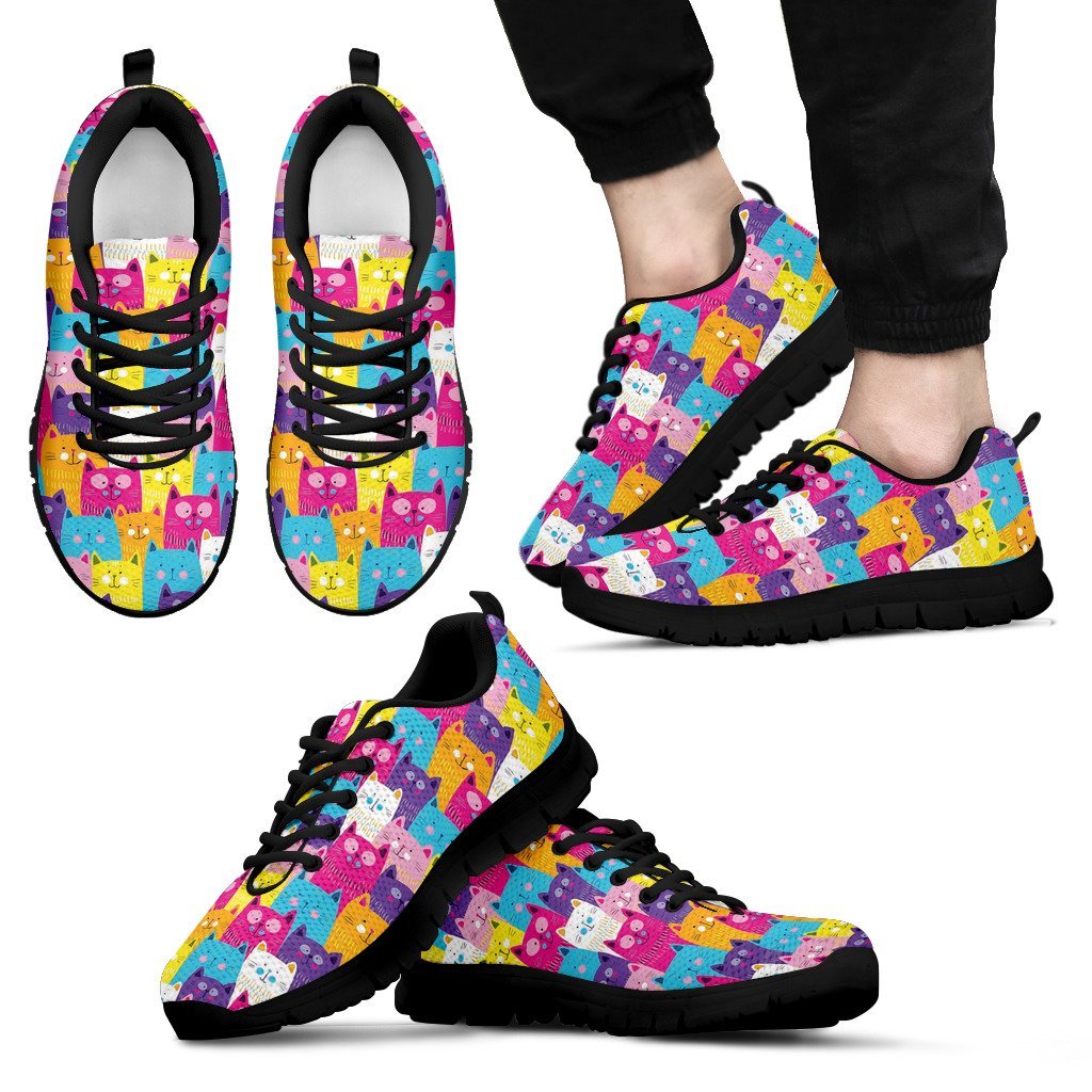 Colorful Kitten Cat Pattern Print Black Sneaker Shoes For Men Women-grizzshop