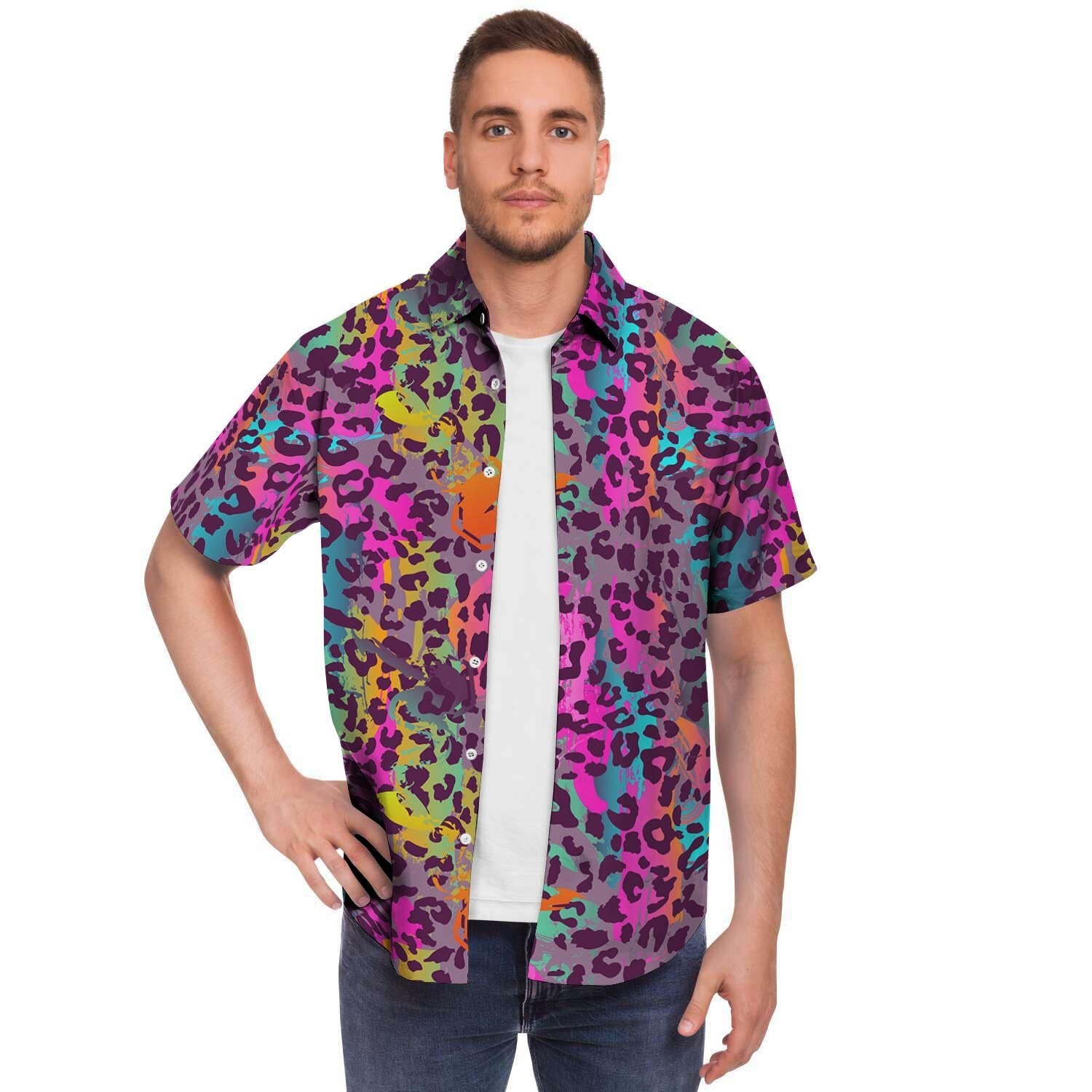 Colorful Leopard Men's Short Sleeve Shirt-grizzshop