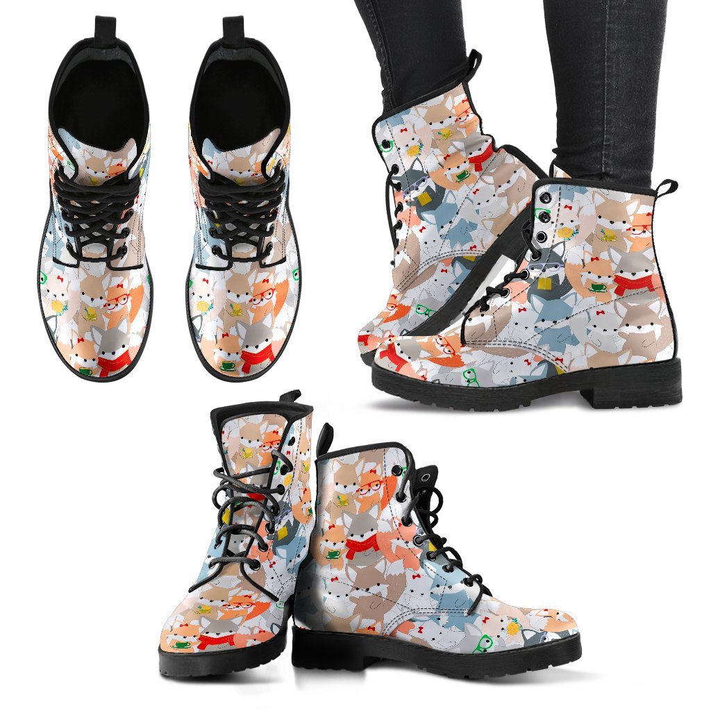 Colorul Fox Pattern Print Men Women Leather Boots-grizzshop