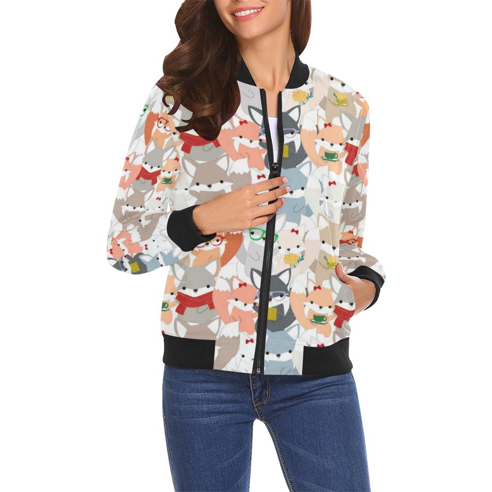 Colorul Fox Pattern Print Women Casual Bomber Jacket-grizzshop