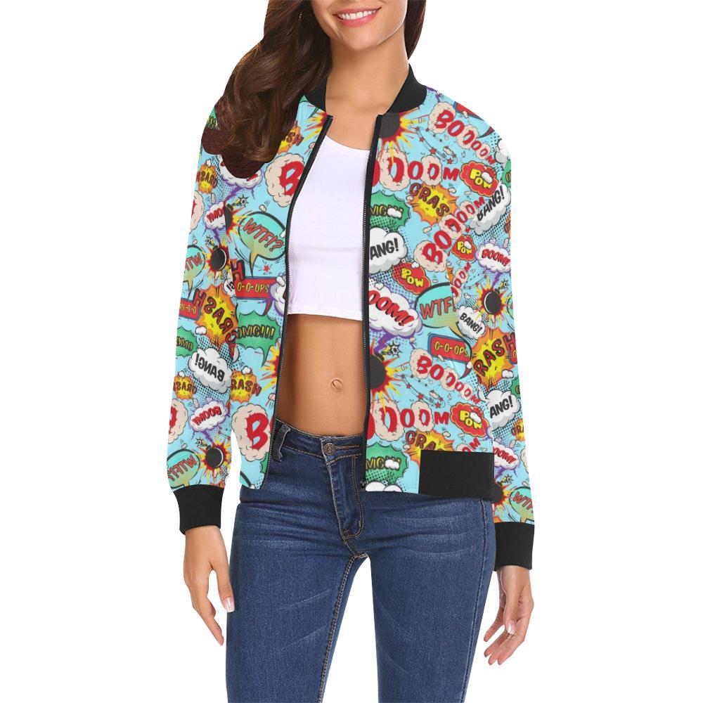 Comic Book Strip Pattern Print Women Casual Bomber Jacket-grizzshop