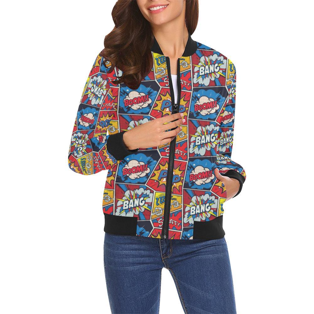 Comic Strip Book Pattern Print Women Casual Bomber Jacket-grizzshop