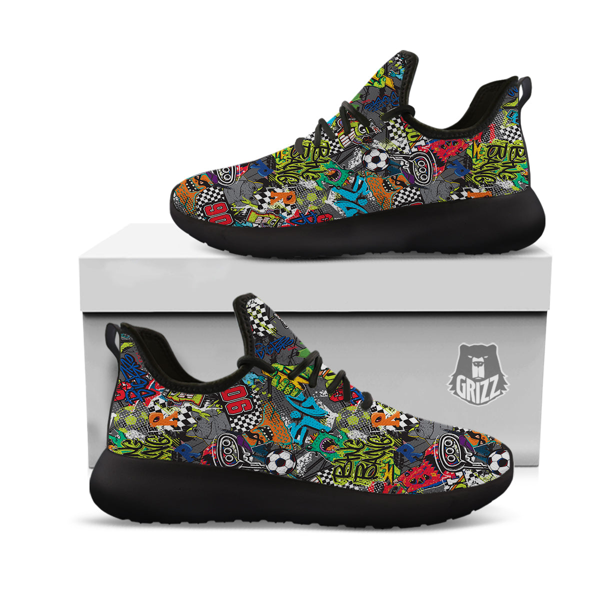 Comics Monsters Graffiti Print Pattern Black Athletic Shoes-grizzshop