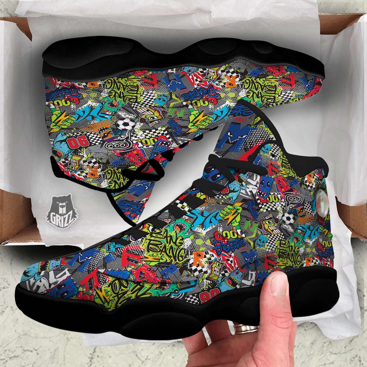 Comics Monsters Graffiti Print Pattern Black Basketball Shoes-grizzshop