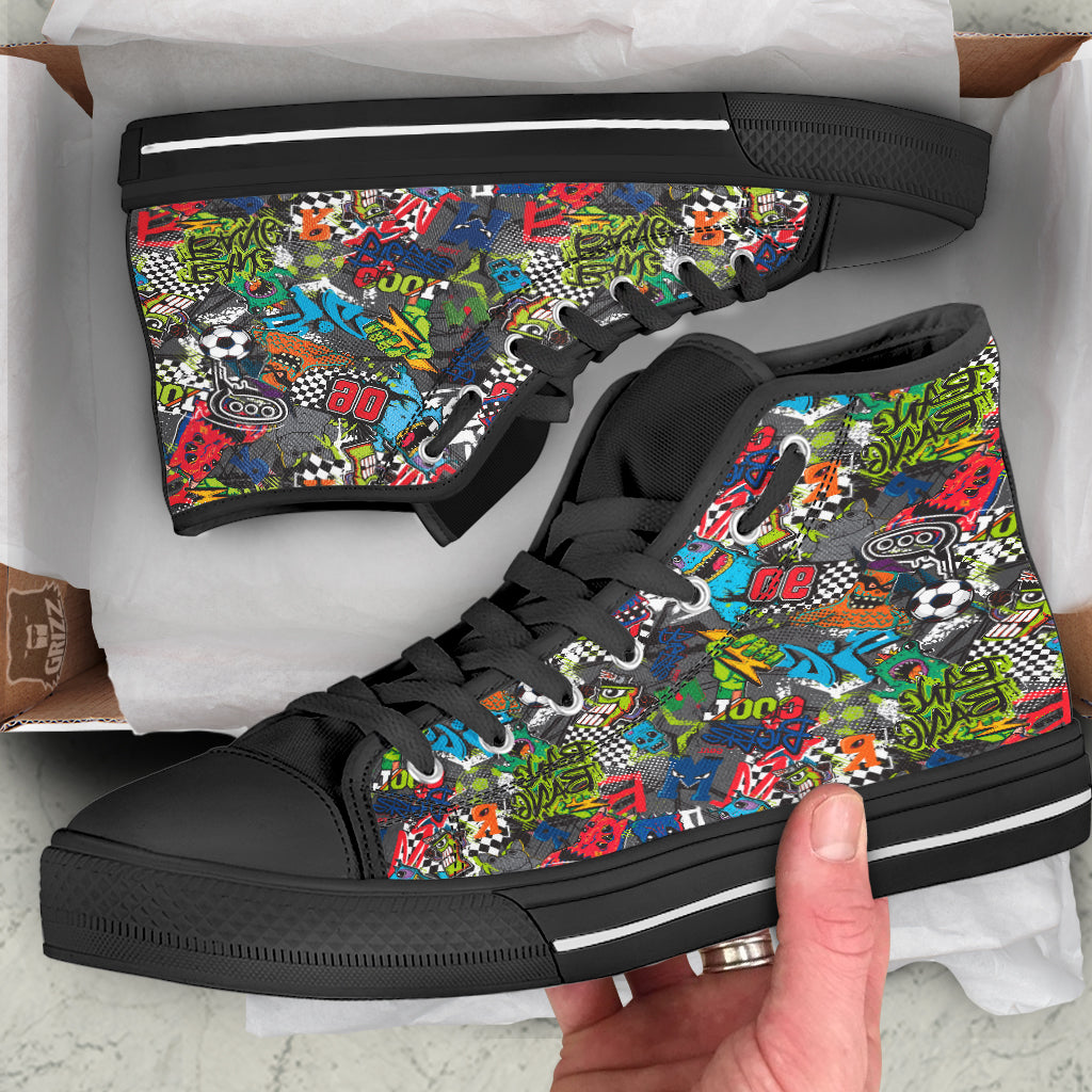 Comics Monsters Graffiti Print Pattern Black High Top Shoes-grizzshop