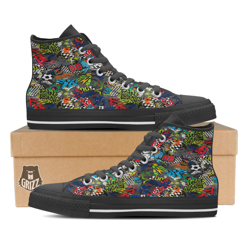 Comics Monsters Graffiti Print Pattern Black High Top Shoes-grizzshop