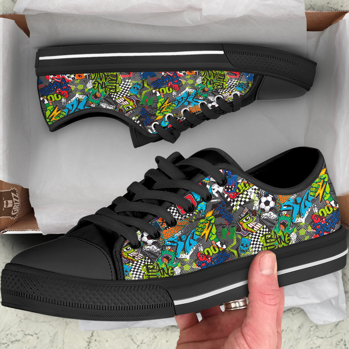 Comics Monsters Graffiti Print Pattern Black Low Top Shoes-grizzshop