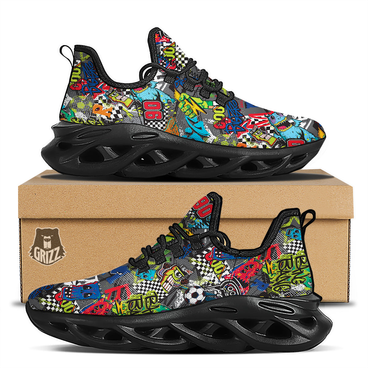 Comics Monsters Graffiti Print Pattern Black Running Shoes-grizzshop