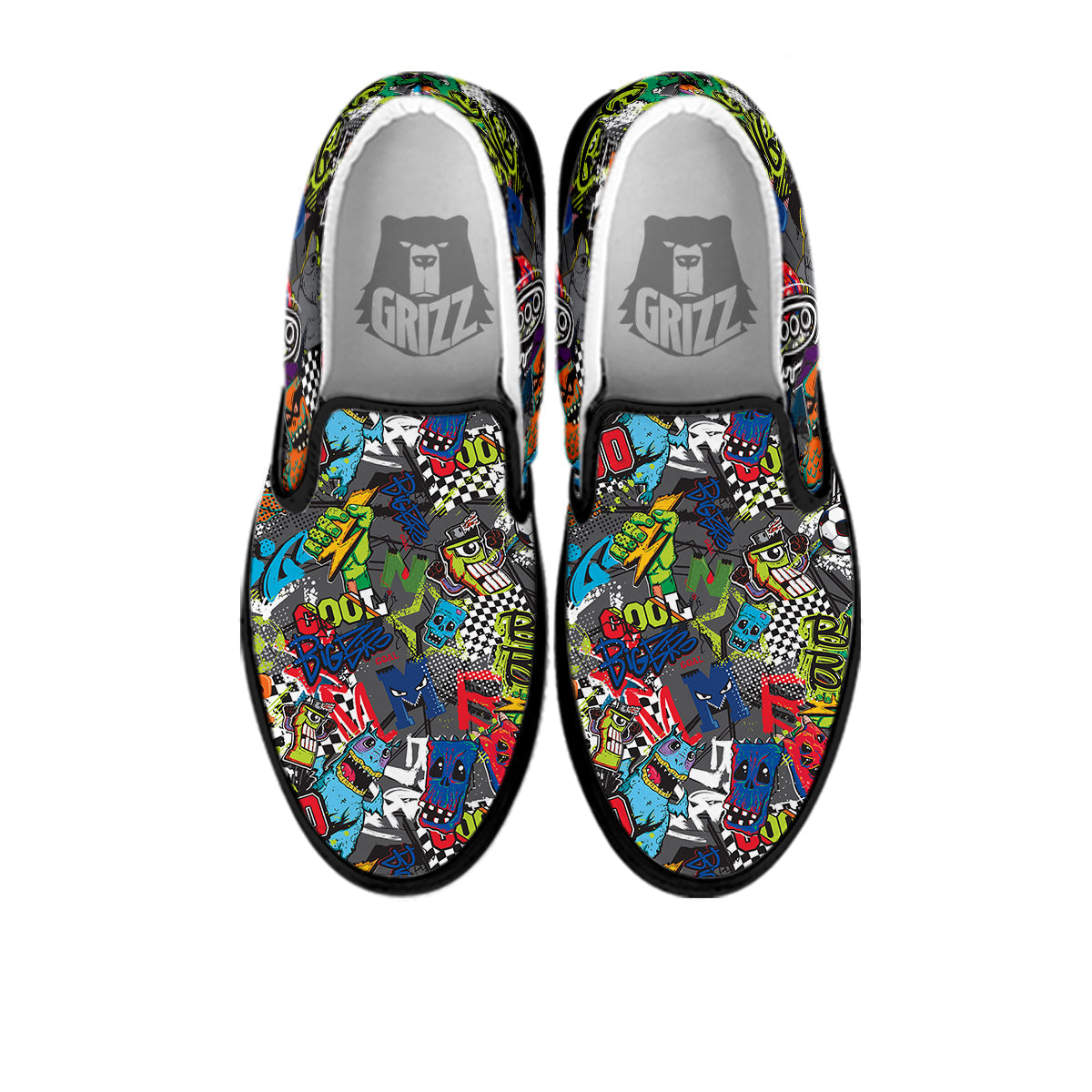 Comics Monsters Graffiti Print Pattern Black Slip On Shoes-grizzshop