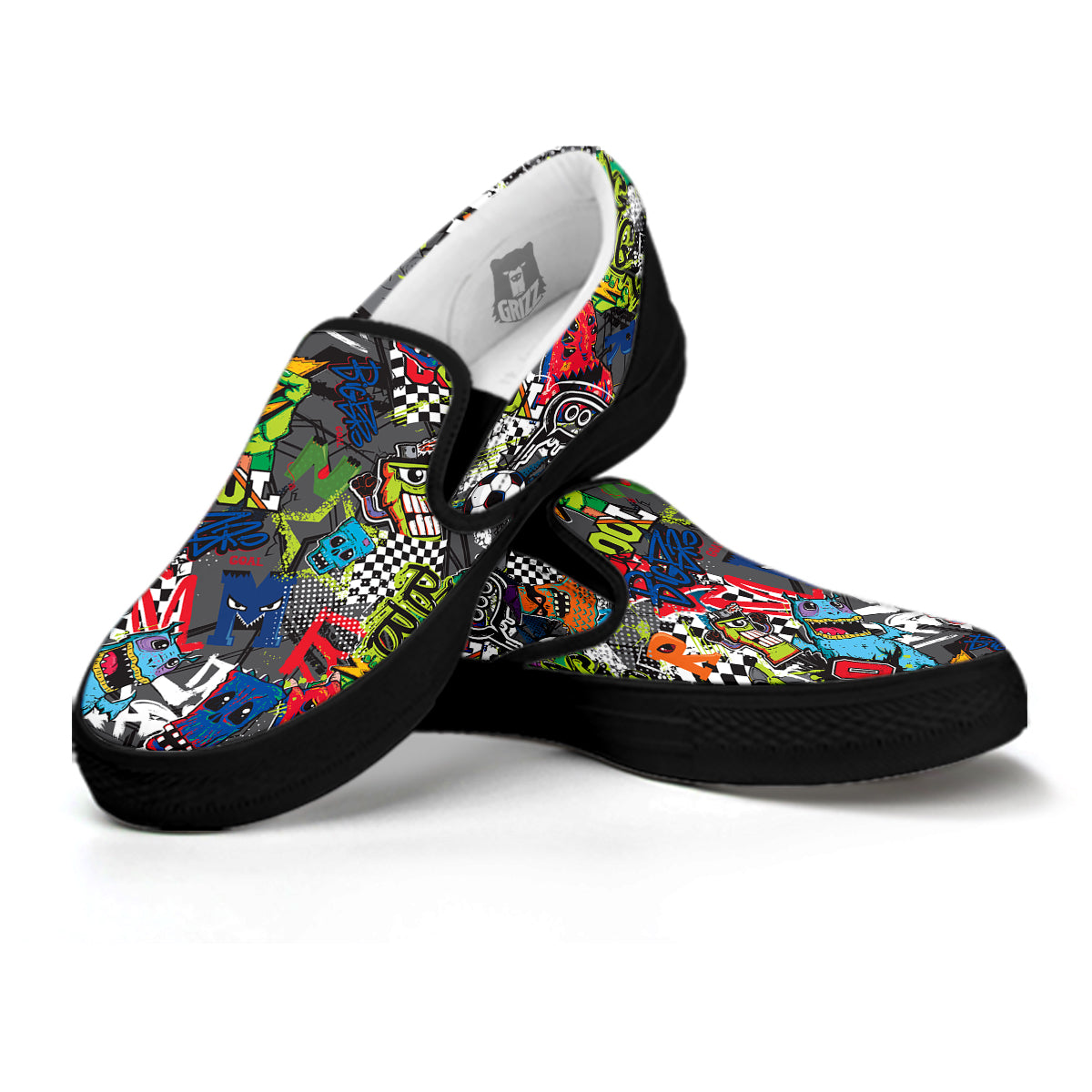 Comics Monsters Graffiti Print Pattern Black Slip On Shoes-grizzshop