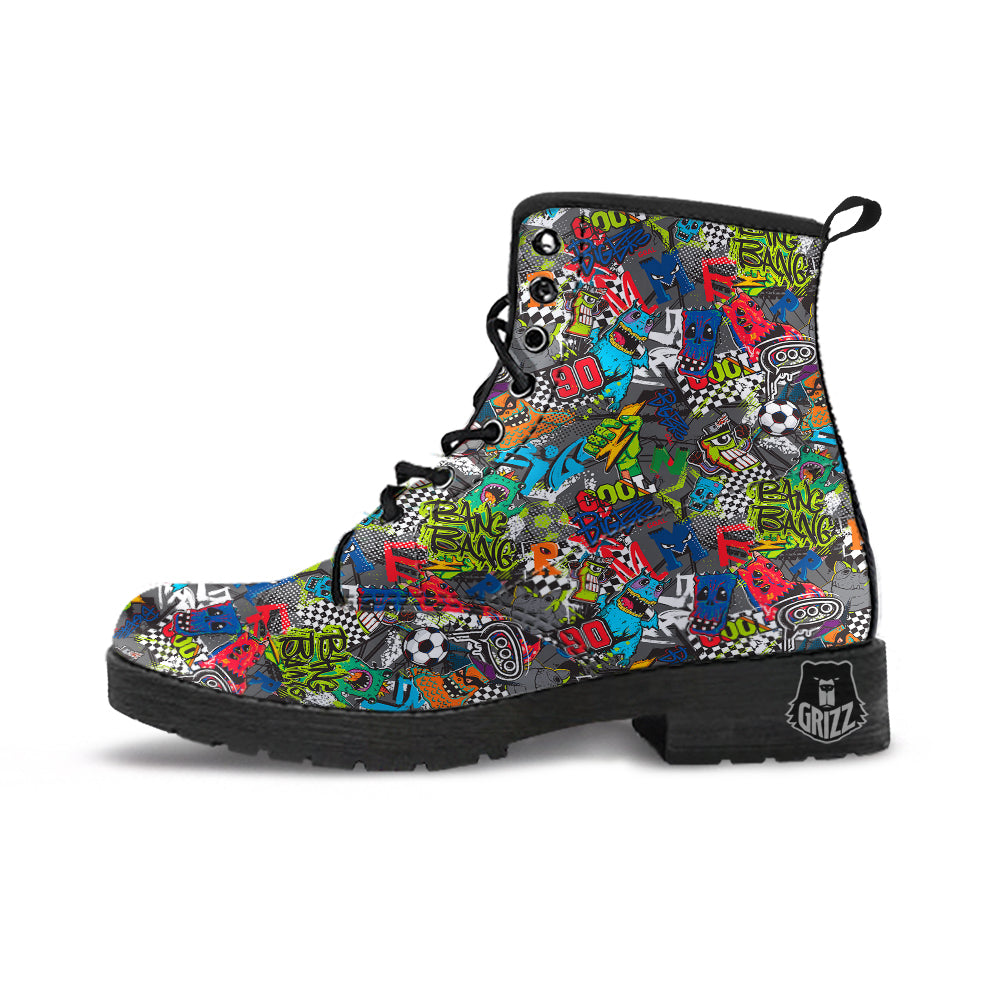 Comics Monsters Graffiti Print Pattern Leather Boots-grizzshop