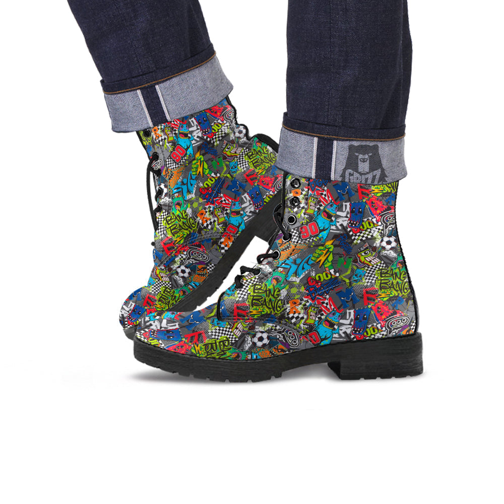 Comics Monsters Graffiti Print Pattern Leather Boots-grizzshop