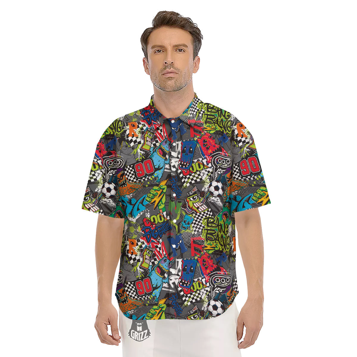 Comics Monsters Graffiti Print Pattern Men's Short Sleeve Shirts-grizzshop