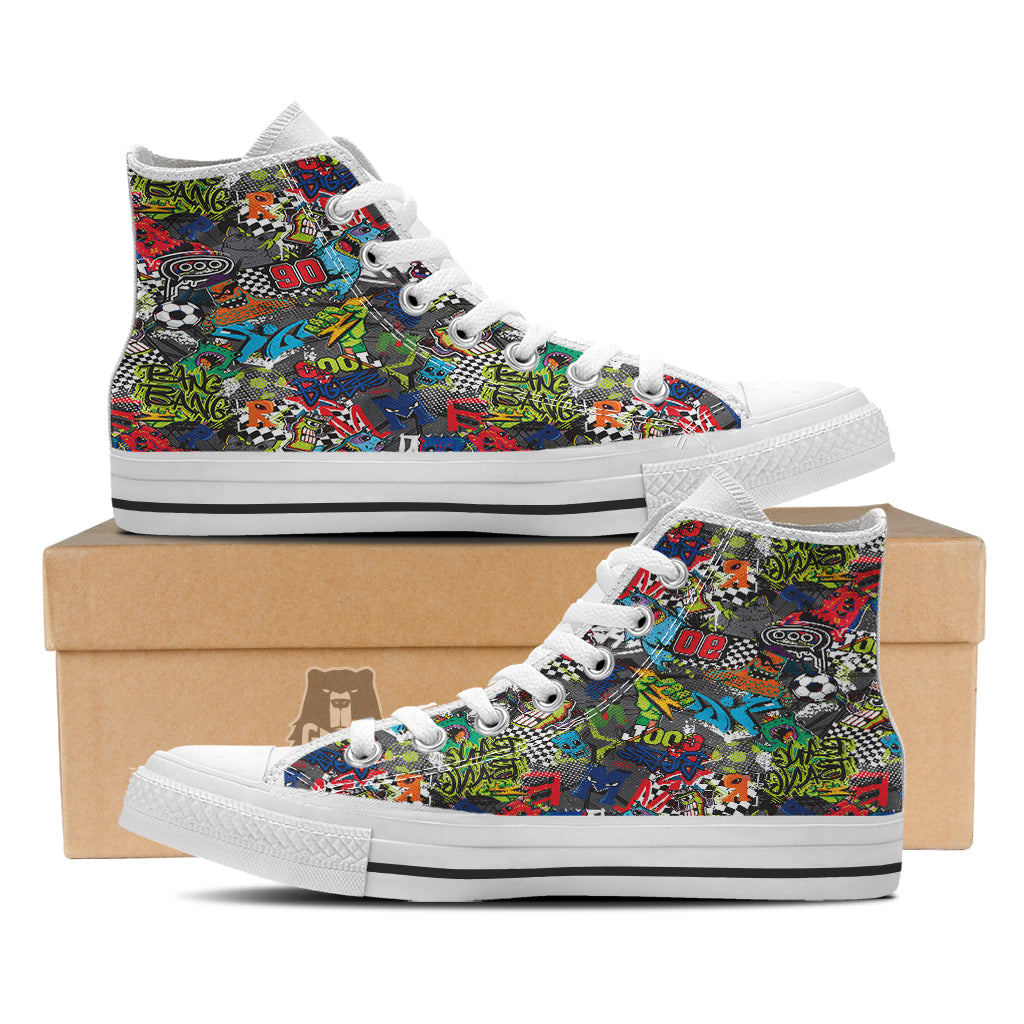 Comics Monsters Graffiti Print Pattern White High Top Shoes-grizzshop