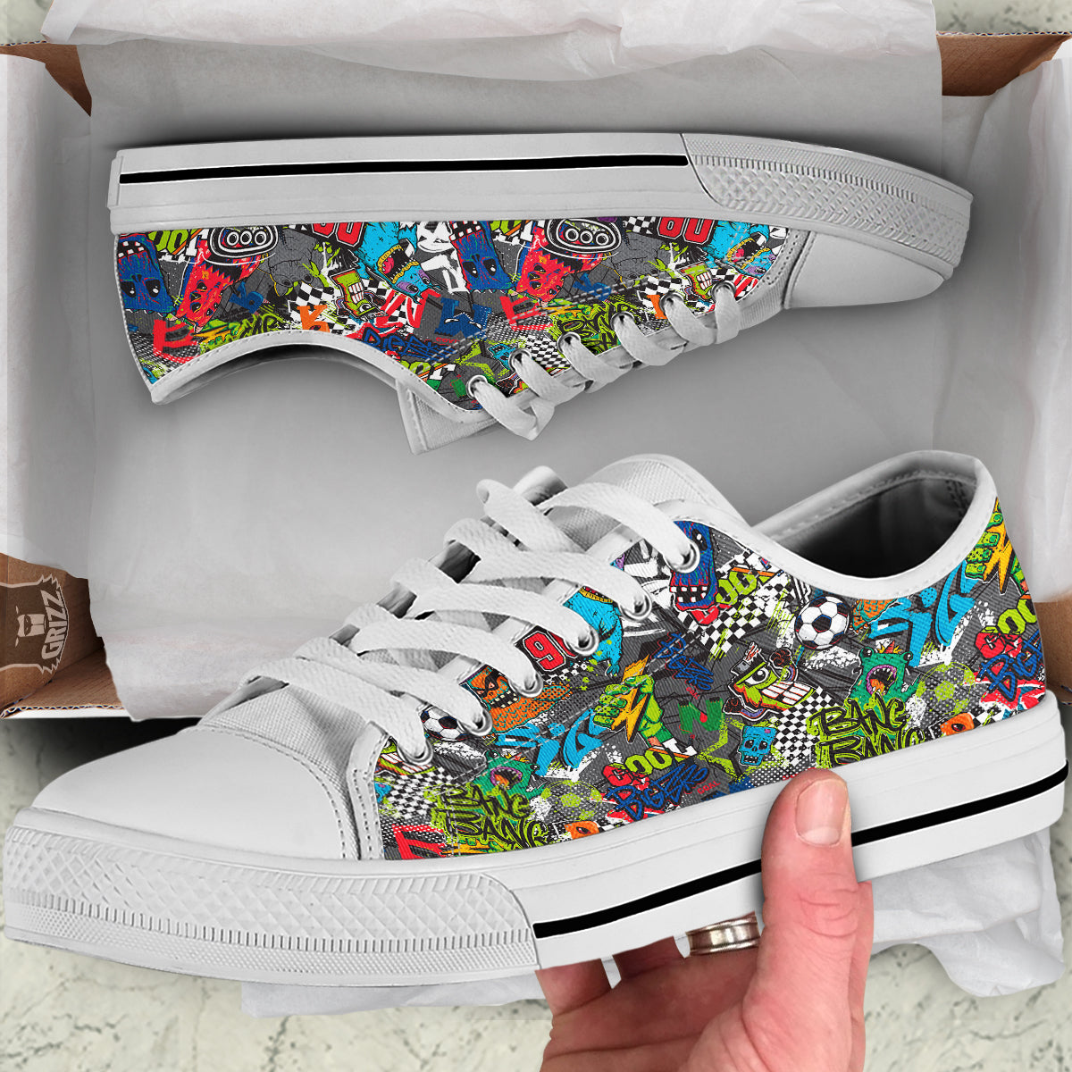 Comics Monsters Graffiti Print Pattern White Low Top Shoes-grizzshop