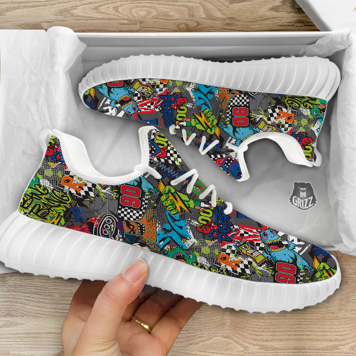 Comics Monsters Graffiti Print Pattern White Walking Shoes-grizzshop