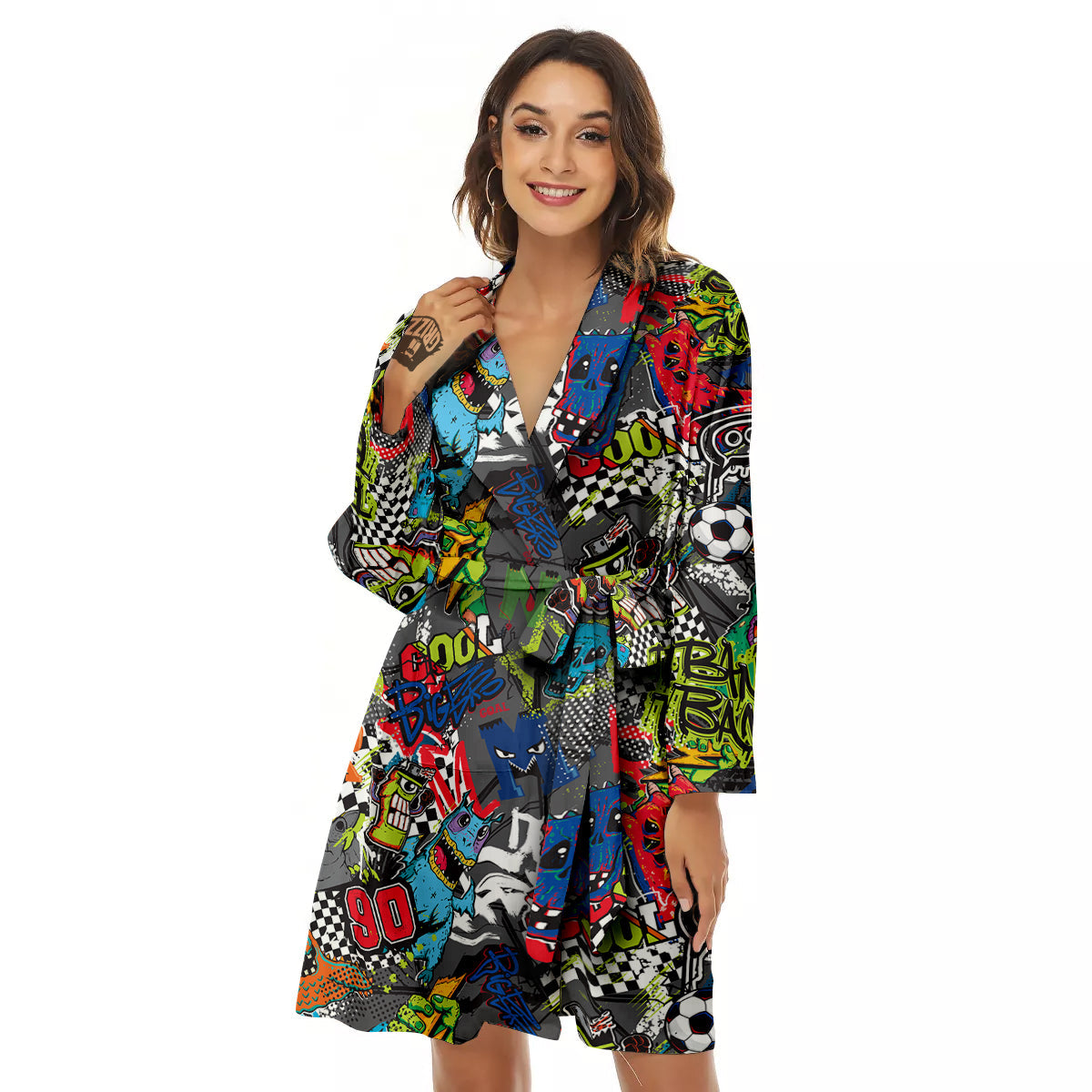 Comics Monsters Graffiti Print Pattern Women's Robe-grizzshop