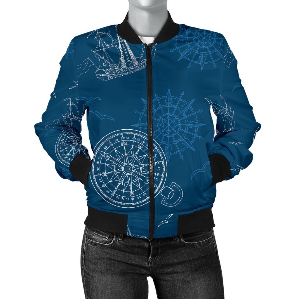 Compass Direction Pattern Print Women Casual Bomber Jacket-grizzshop