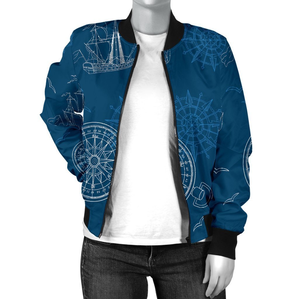 Compass Direction Pattern Print Women Casual Bomber Jacket-grizzshop