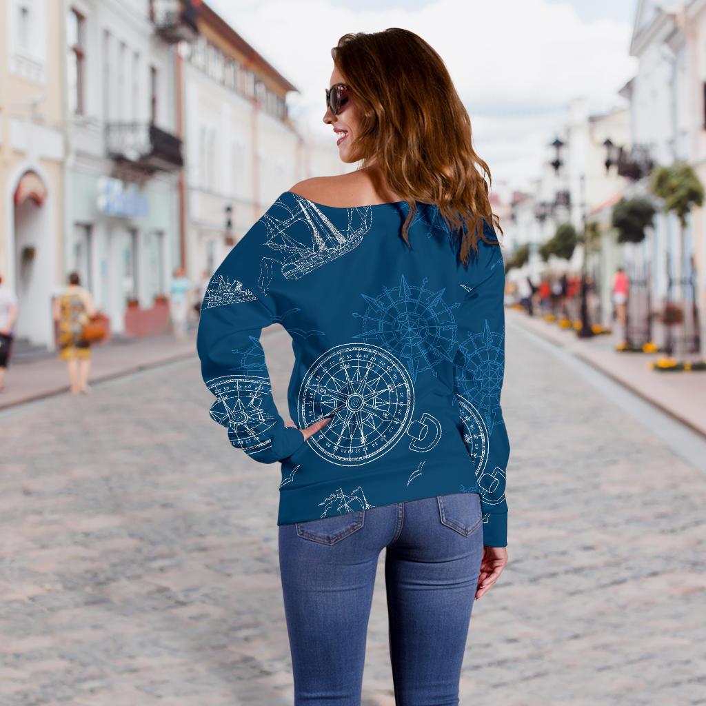 Compass Direction Pattern Print Women Off Shoulder Sweatshirt-grizzshop