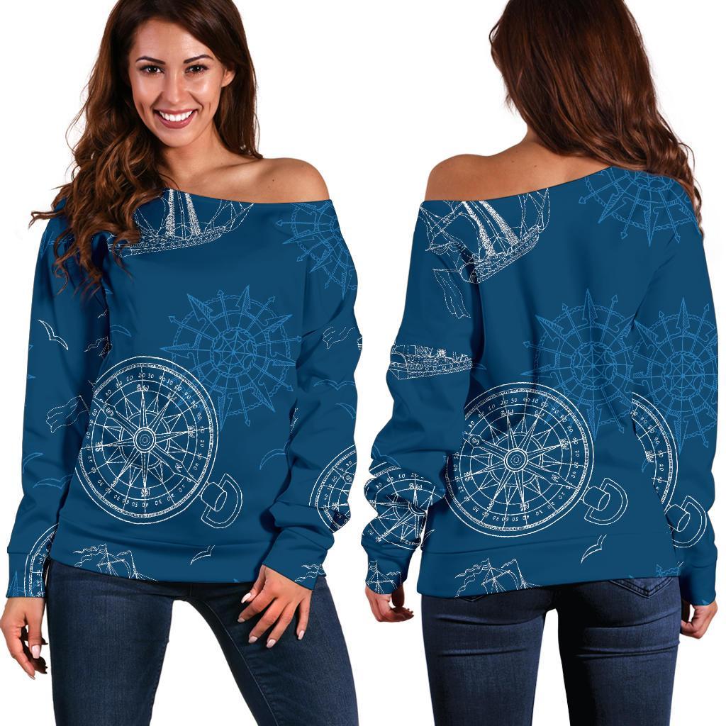 Compass Direction Pattern Print Women Off Shoulder Sweatshirt-grizzshop