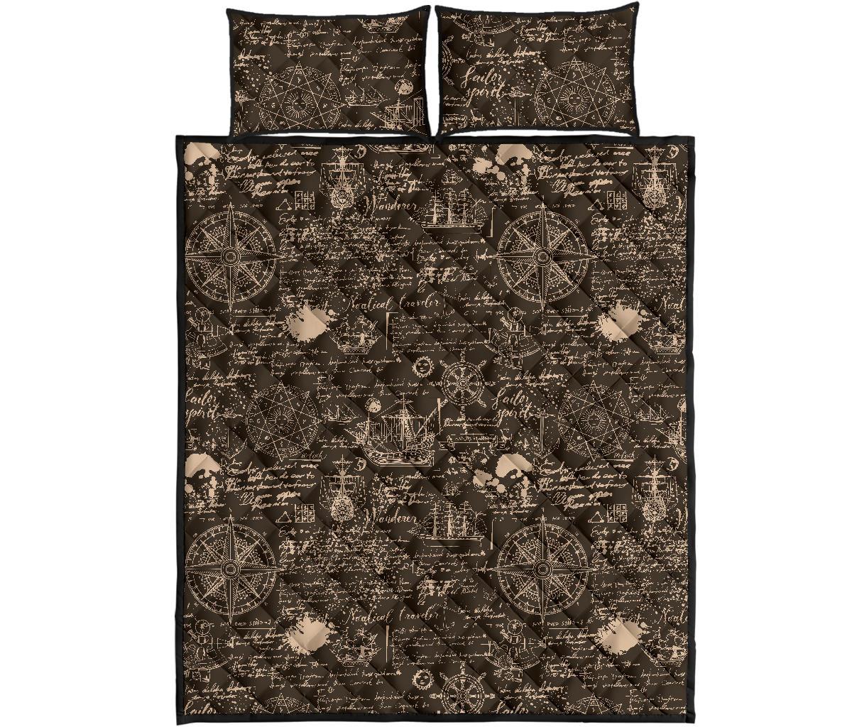 Compass Map Pattern Print Bed Set Quilt-grizzshop