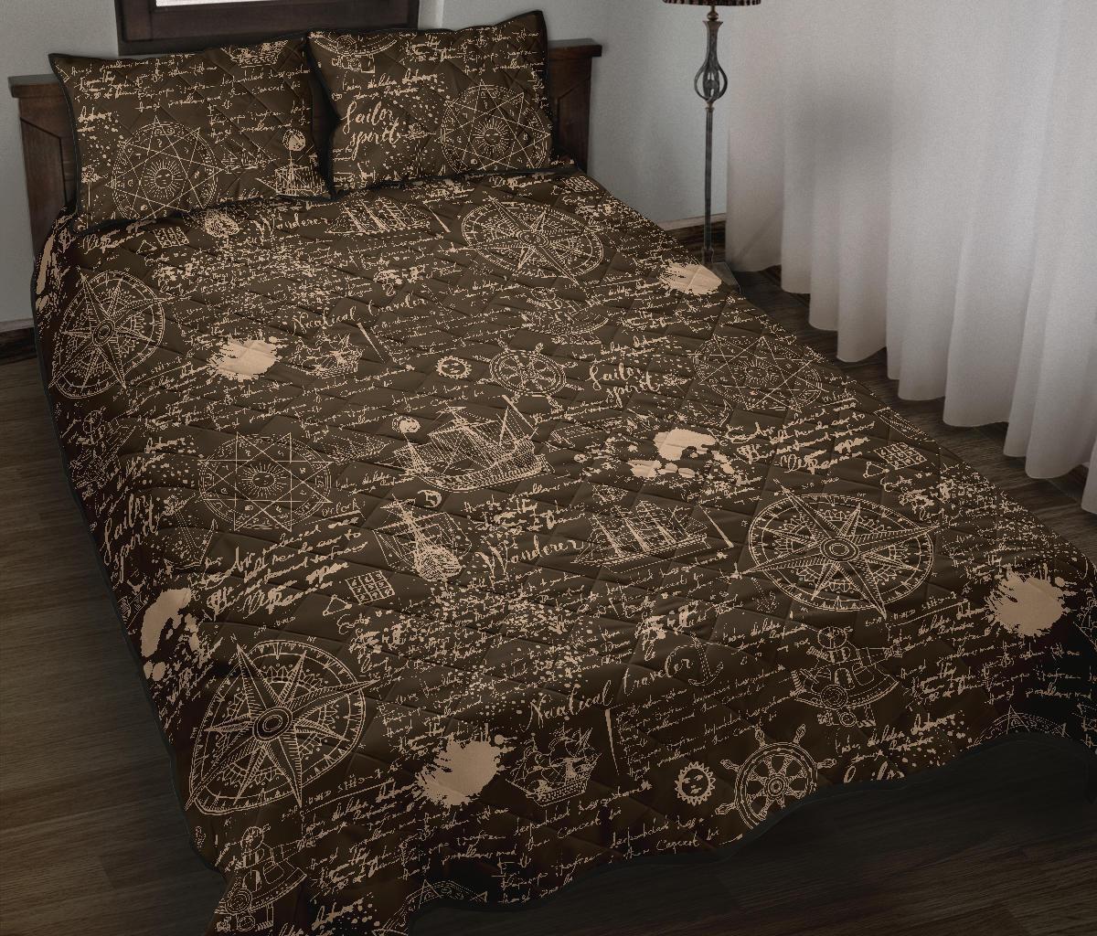 Compass Map Pattern Print Bed Set Quilt-grizzshop