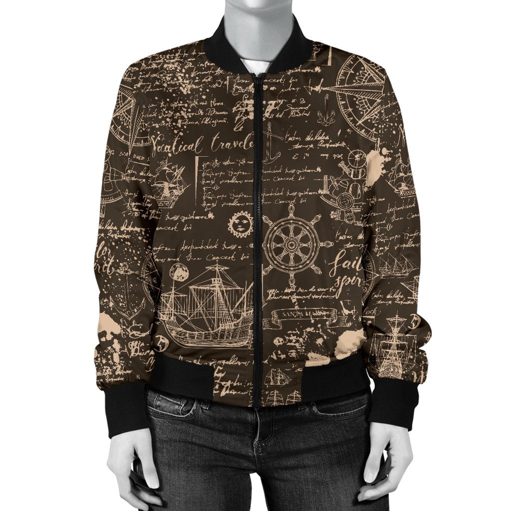 Compass Map Pattern Print Women Casual Bomber Jacket-grizzshop