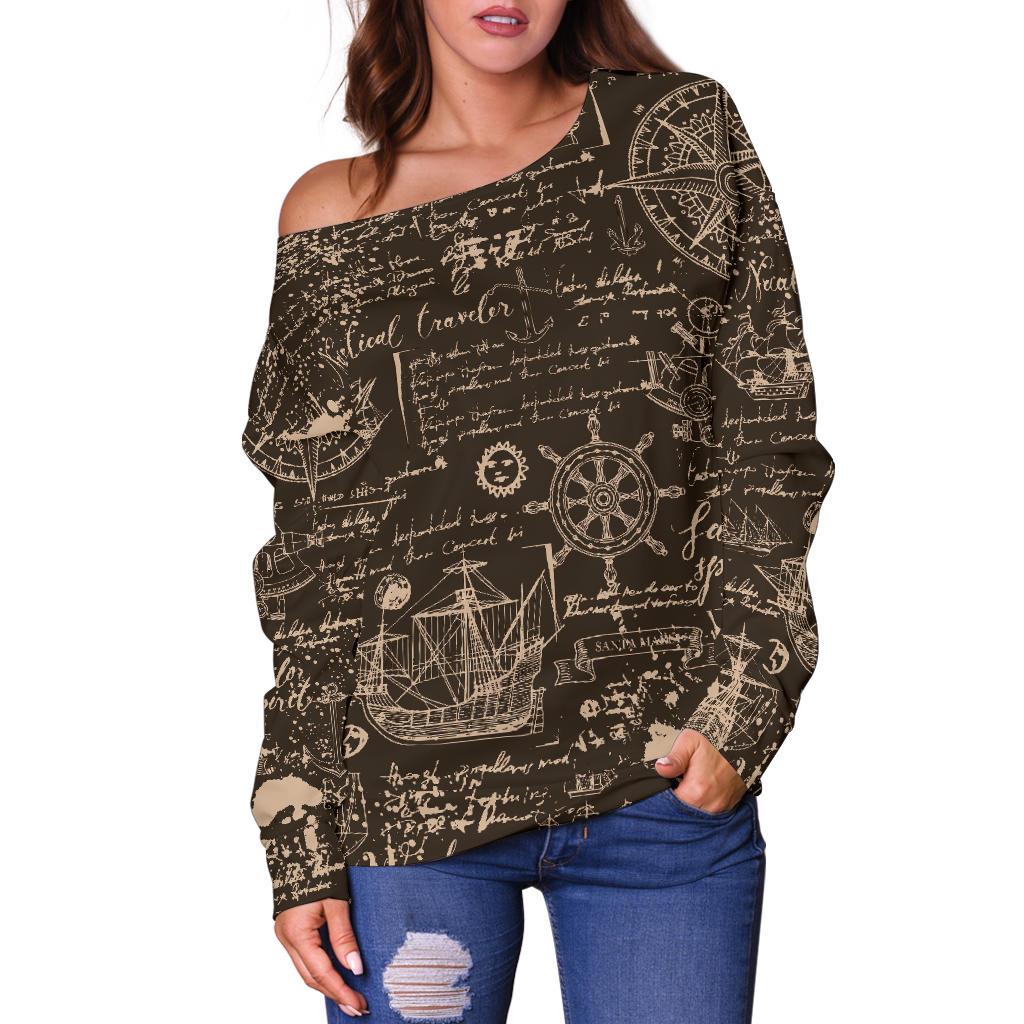 Compass Map Pattern Print Women Off Shoulder Sweatshirt-grizzshop