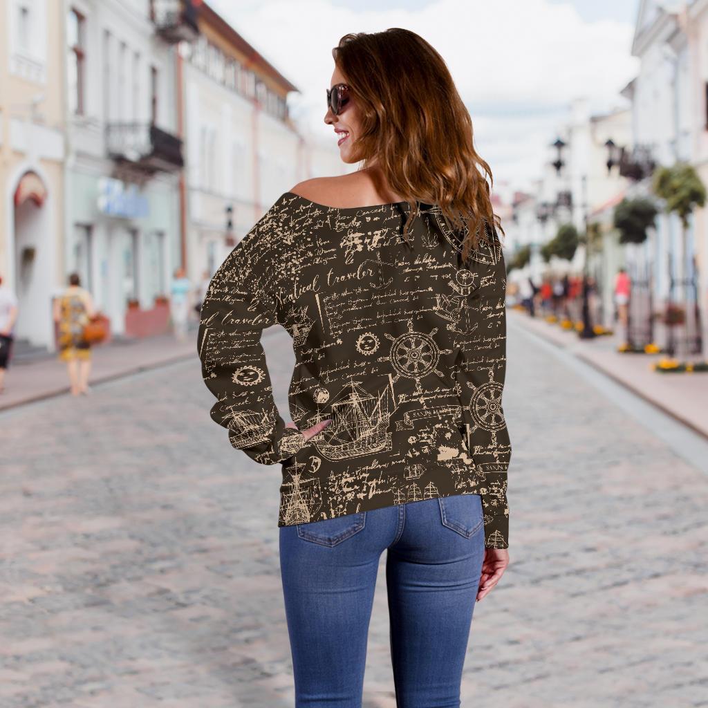 Compass Map Pattern Print Women Off Shoulder Sweatshirt-grizzshop