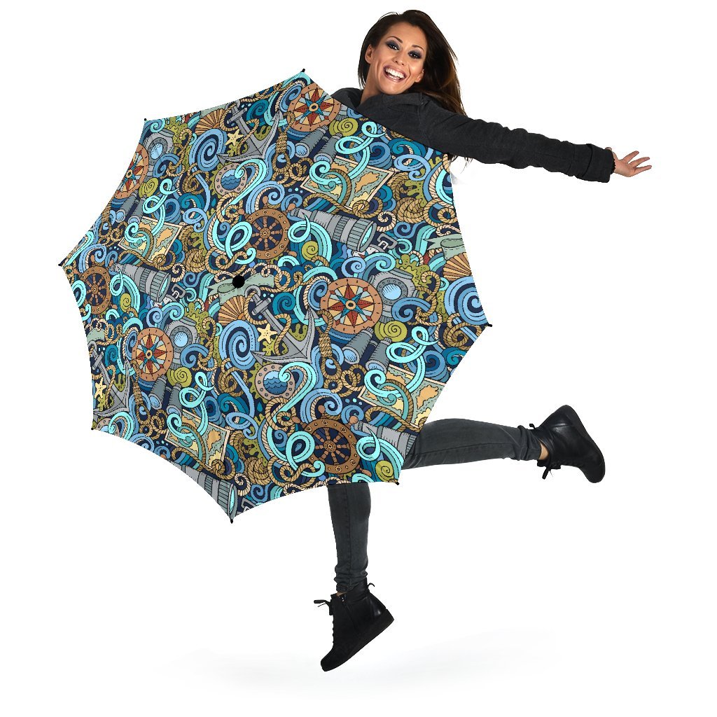 Compass Pattern Print Automatic Foldable Umbrella-grizzshop