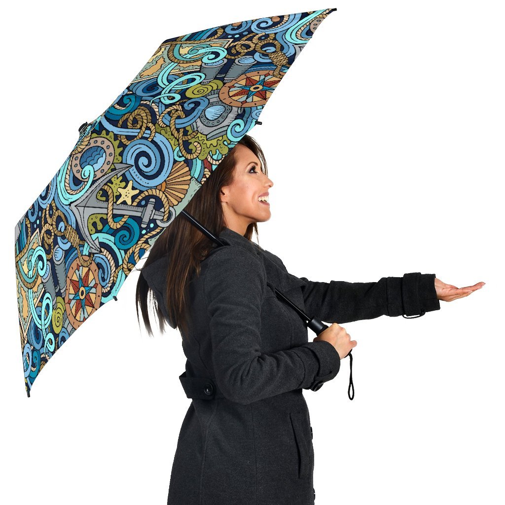 Compass Pattern Print Automatic Foldable Umbrella-grizzshop